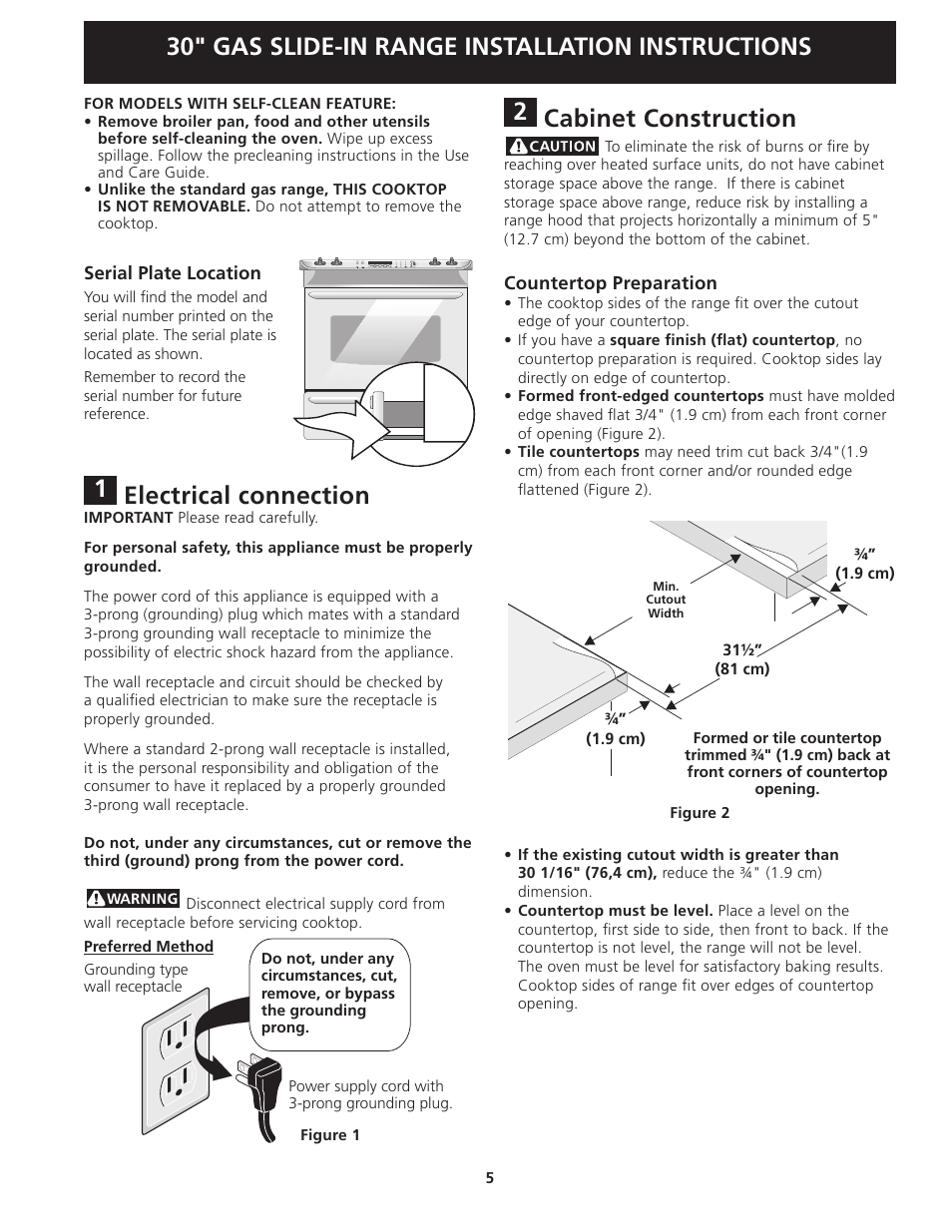 30" gas slide-in range installation instructions, Electrical connection, Cabinet construction | FRIGIDAIRE FGGS3045KF User Manual | Page 5 / 36