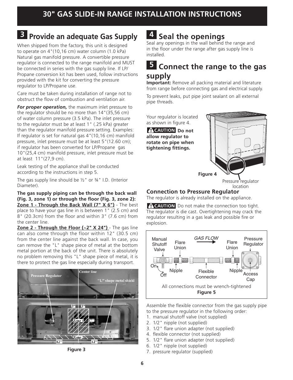 30" gas slide-in range installation instructions, Provide an adequate gas supply, Seal the openings | Connect the range to the gas supply | FRIGIDAIRE FGGS3045KF User Manual | Page 6 / 36