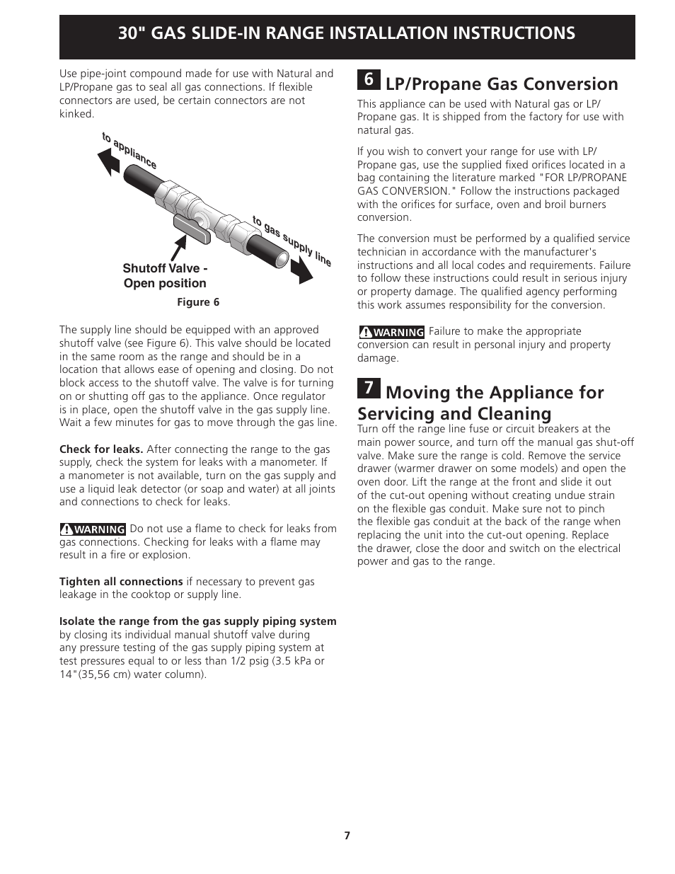 30" gas slide-in range installation instructions, Lp/propane gas conversion, Moving the appliance for servicing and cleaning | FRIGIDAIRE FGGS3045KF User Manual | Page 7 / 36