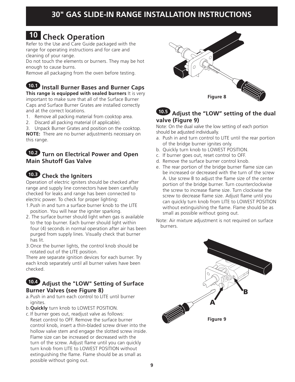 30" gas slide-in range installation instructions, Check operation | FRIGIDAIRE FGGS3045KF User Manual | Page 9 / 36