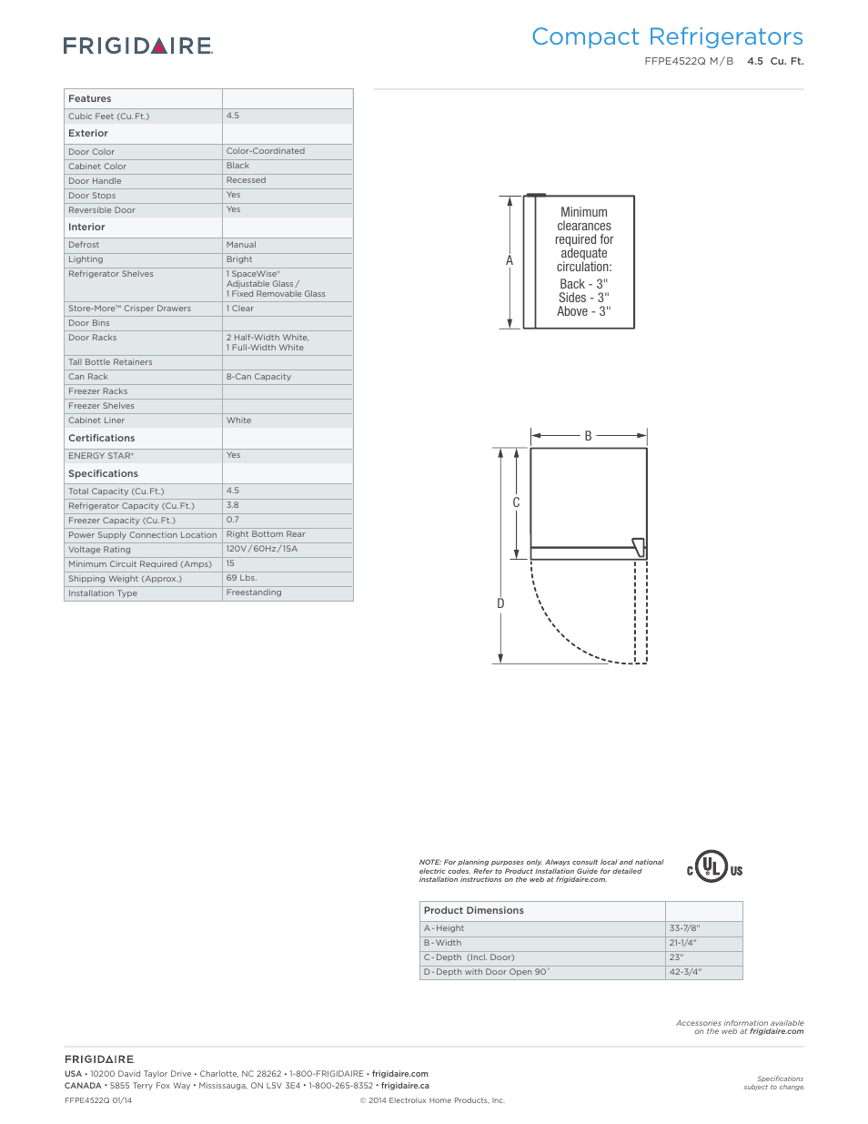 Compact refrigerators | FRIGIDAIRE FFPE4522QM User Manual | Page 2 / 2
