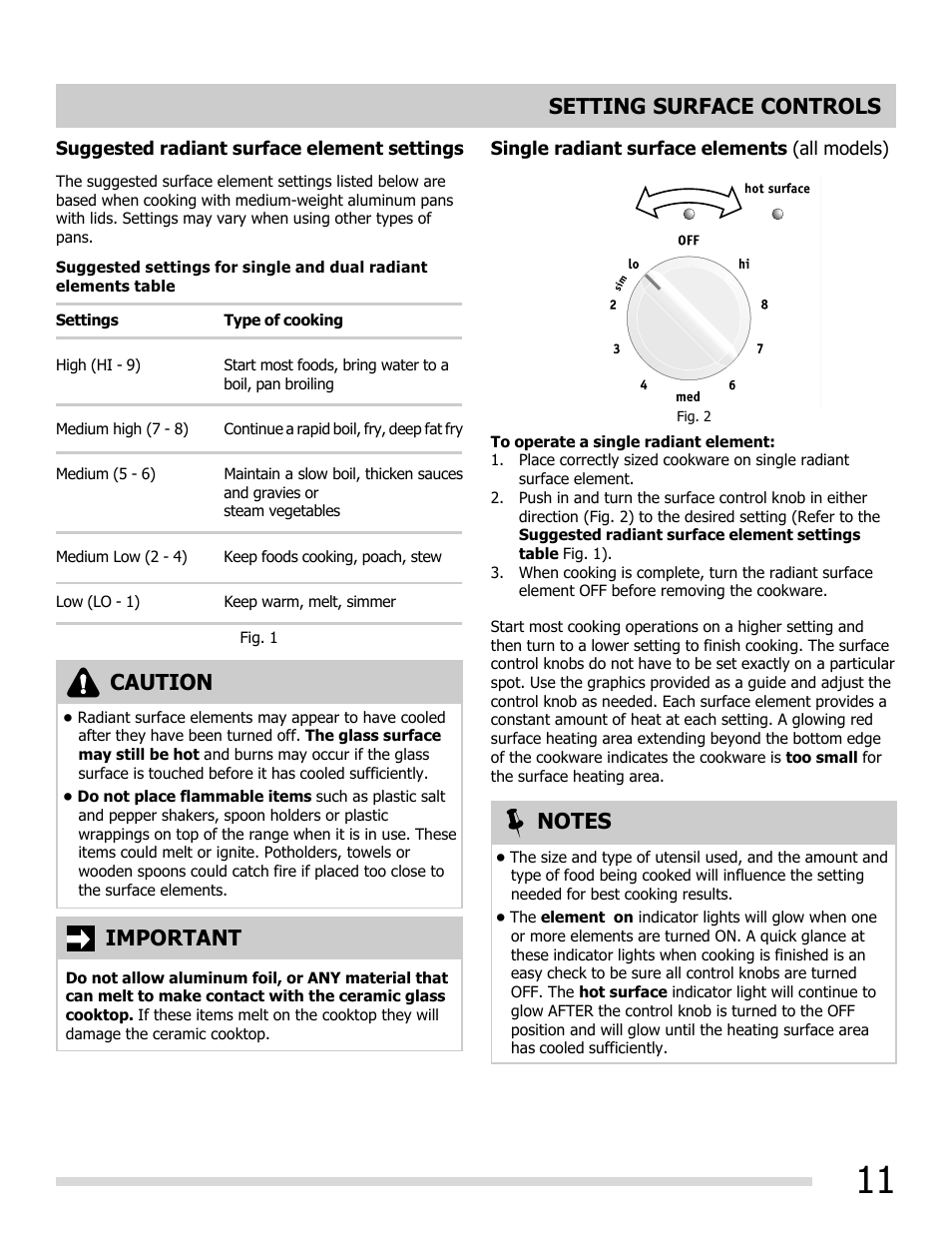 Setting surface controls, Caution, Important | FRIGIDAIRE FGEF3055MF User Manual | Page 11 / 44