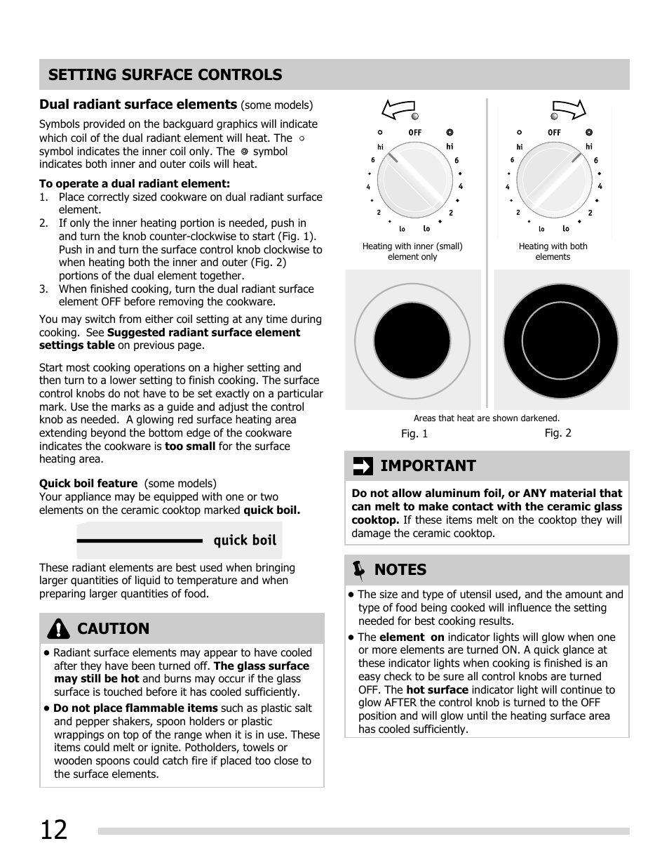 Setting surface controls caution, Important | FRIGIDAIRE FGEF3055MF User Manual | Page 12 / 44
