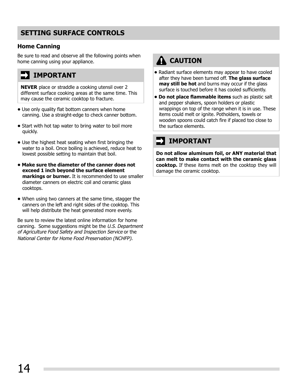 Setting surface controls important, Caution important | FRIGIDAIRE FGEF3055MF User Manual | Page 14 / 44