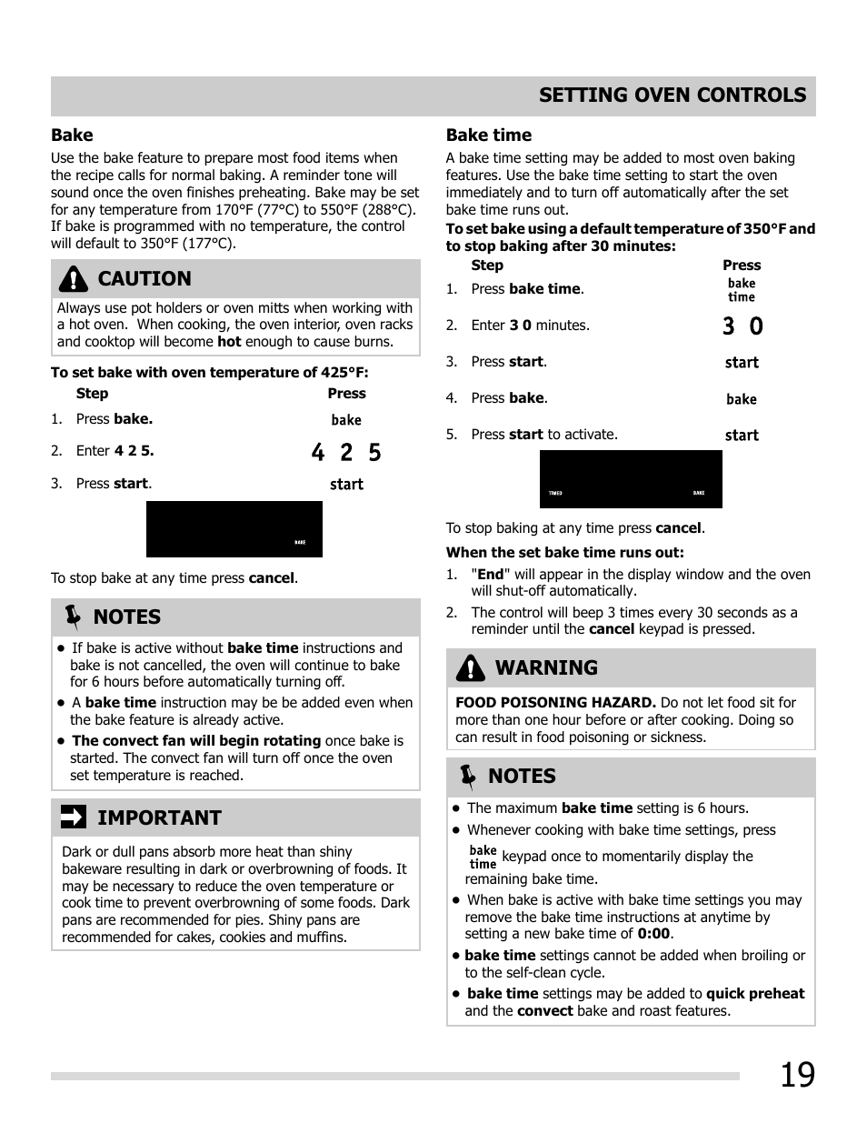 Setting oven controls, Important, Caution | Warning | FRIGIDAIRE FGEF3055MF User Manual | Page 19 / 44