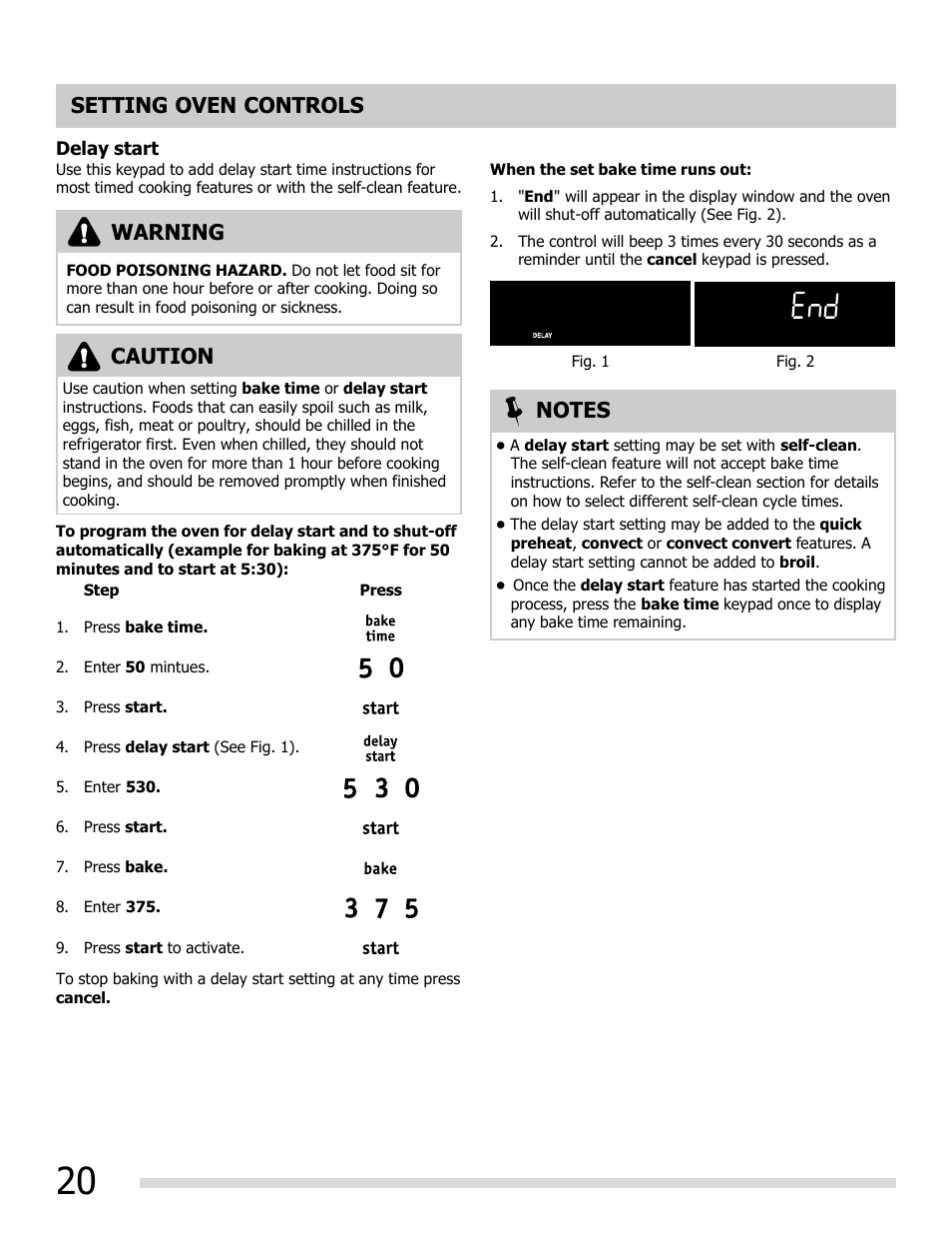 Setting oven controls, Warning, Caution | FRIGIDAIRE FGEF3055MF User Manual | Page 20 / 44