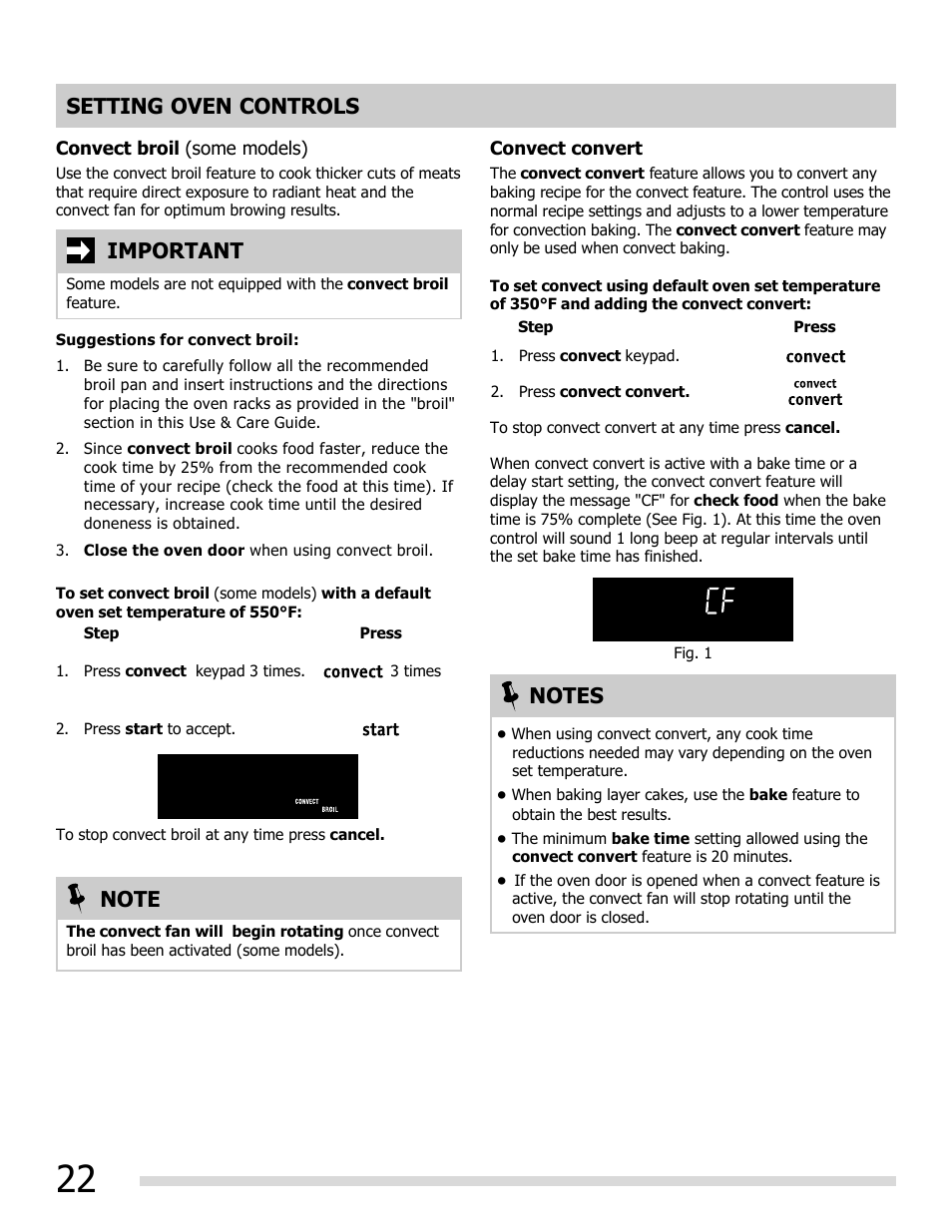 Setting oven controls, Important | FRIGIDAIRE FGEF3055MF User Manual | Page 22 / 44