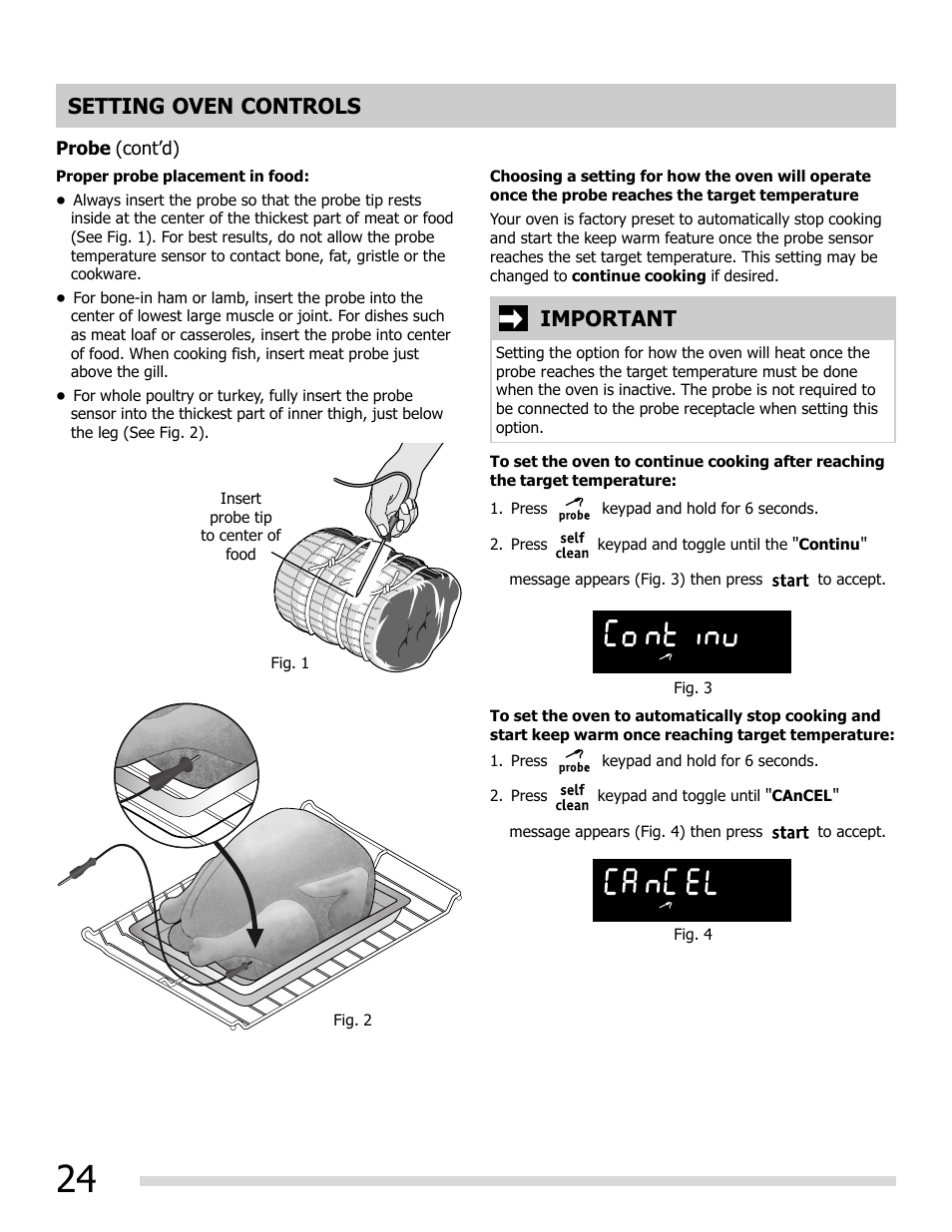 Setting oven controls, Important | FRIGIDAIRE FGEF3055MF User Manual | Page 24 / 44