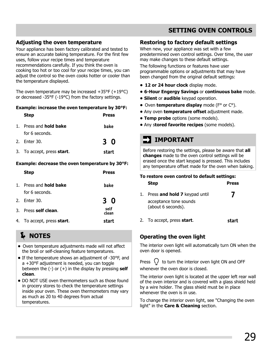Important, Setting oven controls | FRIGIDAIRE FGEF3055MF User Manual | Page 29 / 44