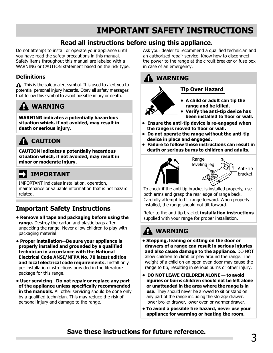 Important safety instructions, Read all instructions before using this appliance, Save these instructions for future reference | Warning, Important, Caution, Important safety instructions warning | FRIGIDAIRE FGEF3055MF User Manual | Page 3 / 44