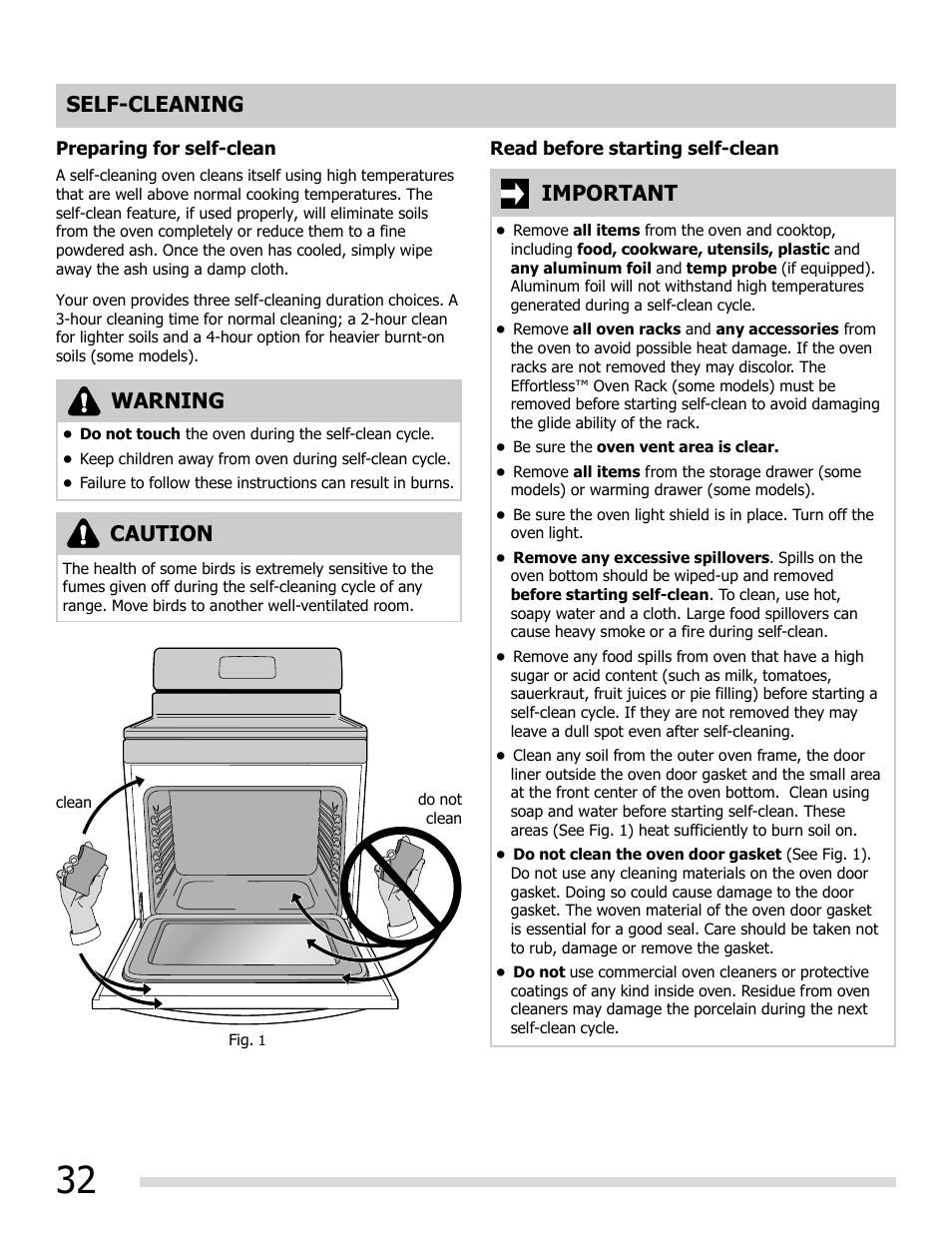 Self-cleaning, Warning, Caution | Important | FRIGIDAIRE FGEF3055MF User Manual | Page 32 / 44