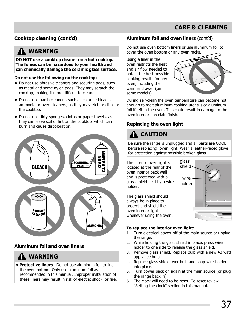 Caution, Warning, Care & cleaning | FRIGIDAIRE FGEF3055MF User Manual | Page 37 / 44