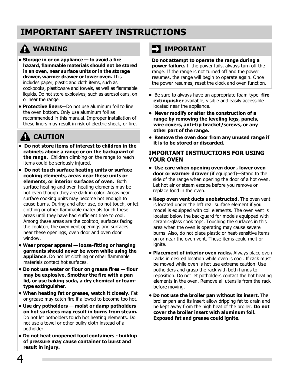 Important safety instructions, Warning, Important | Caution | FRIGIDAIRE FGEF3055MF User Manual | Page 4 / 44