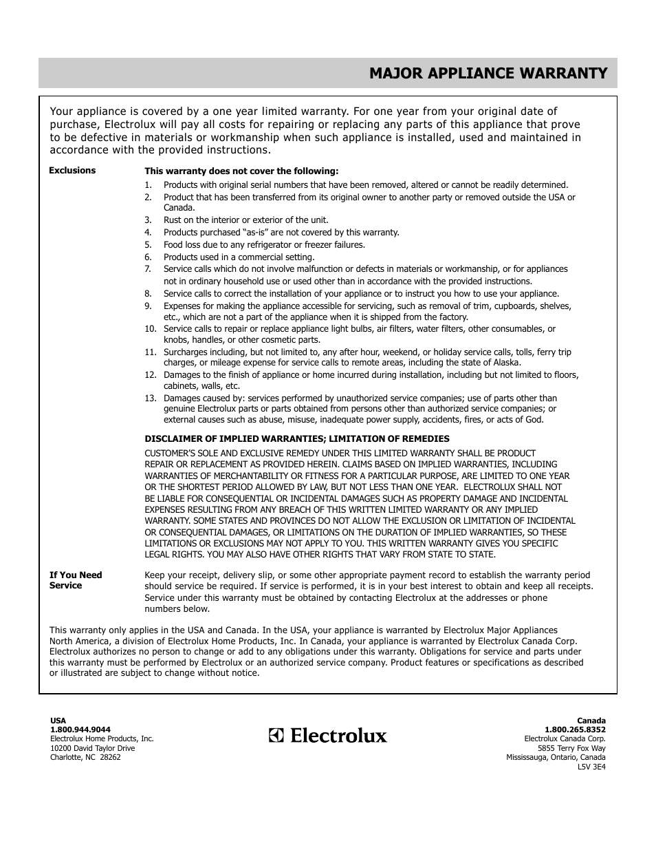 This page is left blank intentionally, Major appliance warranty | FRIGIDAIRE FGEF3055MF User Manual | Page 44 / 44