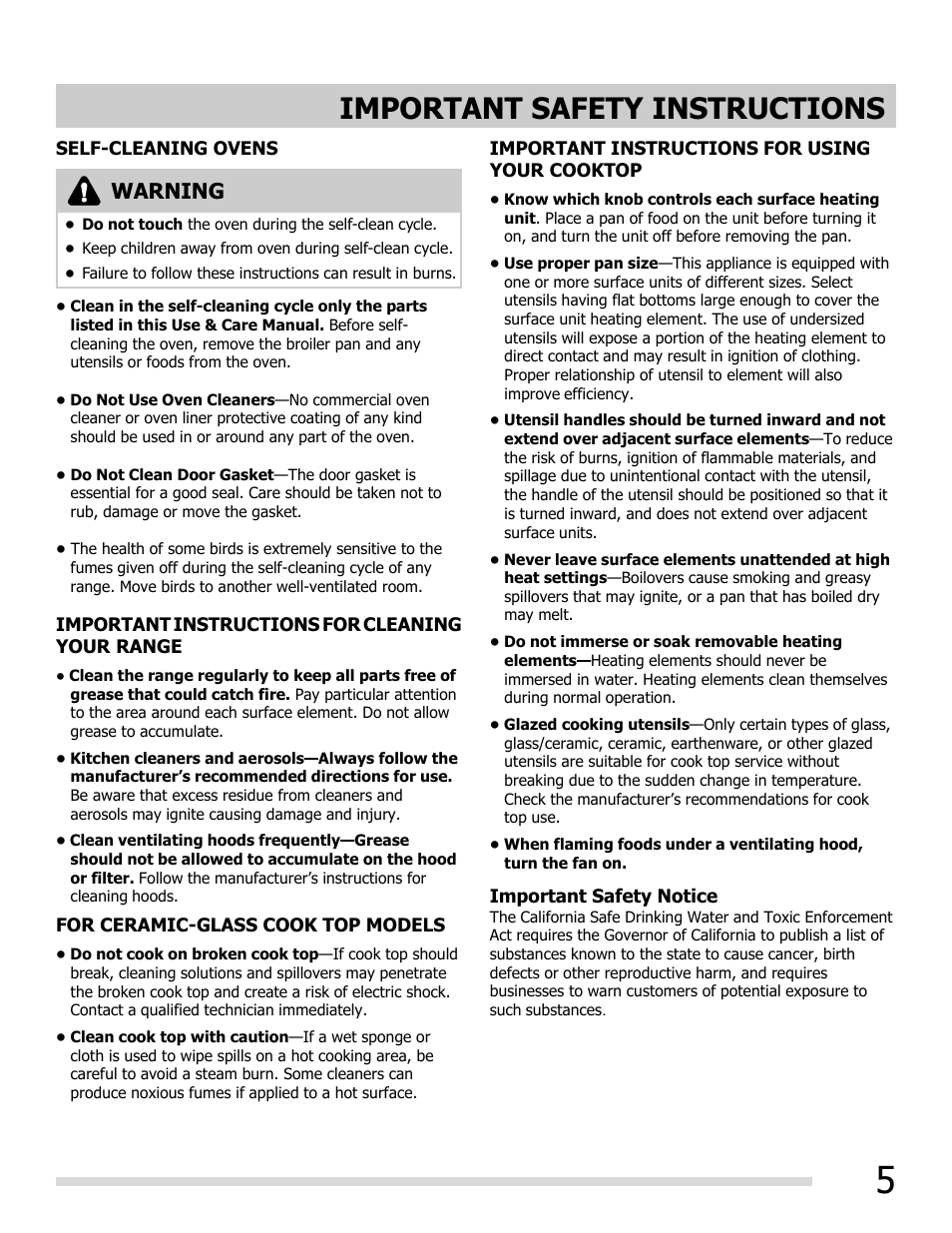 Important safety instructions, Warning | FRIGIDAIRE FGEF3055MF User Manual | Page 5 / 44