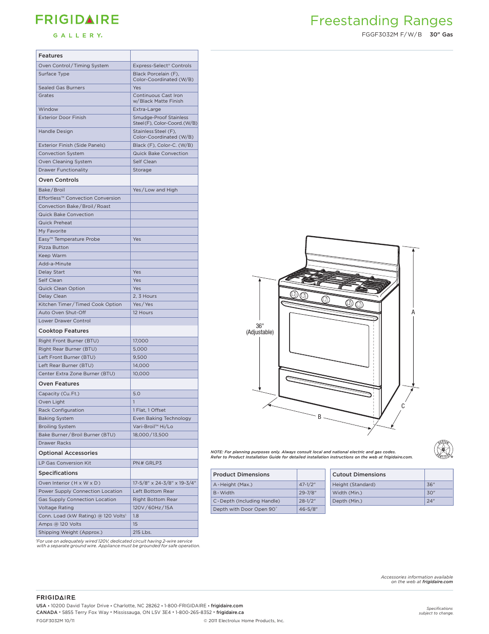 30" gas freestanding ranges frigidaire baseline, Freestanding ranges | FRIGIDAIRE FGGF3032MW User Manual | Page 2 / 5