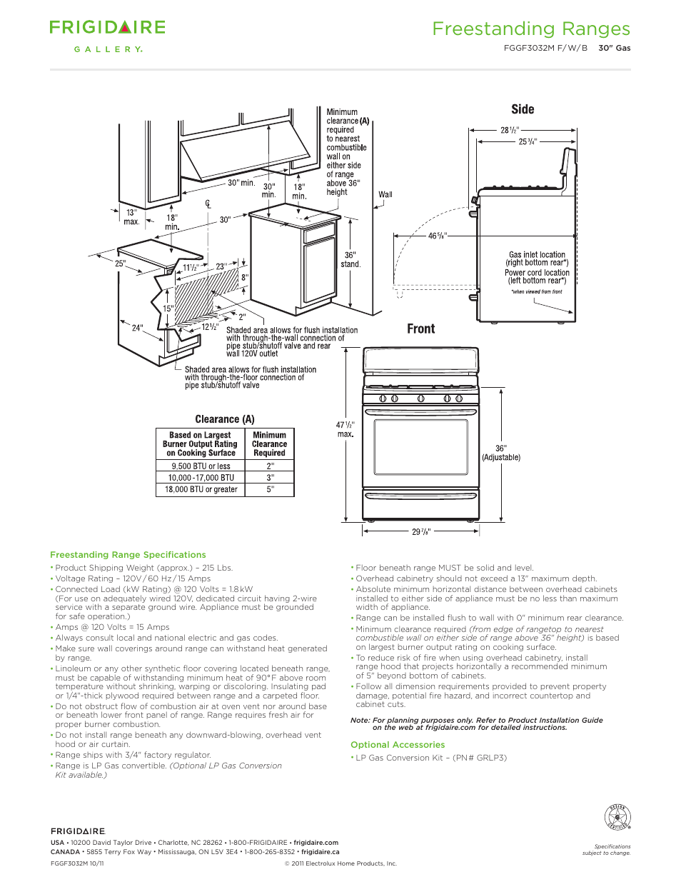 30" gas freestanding ranges gallery, Freestanding ranges | FRIGIDAIRE FGGF3032MW User Manual | Page 3 / 5