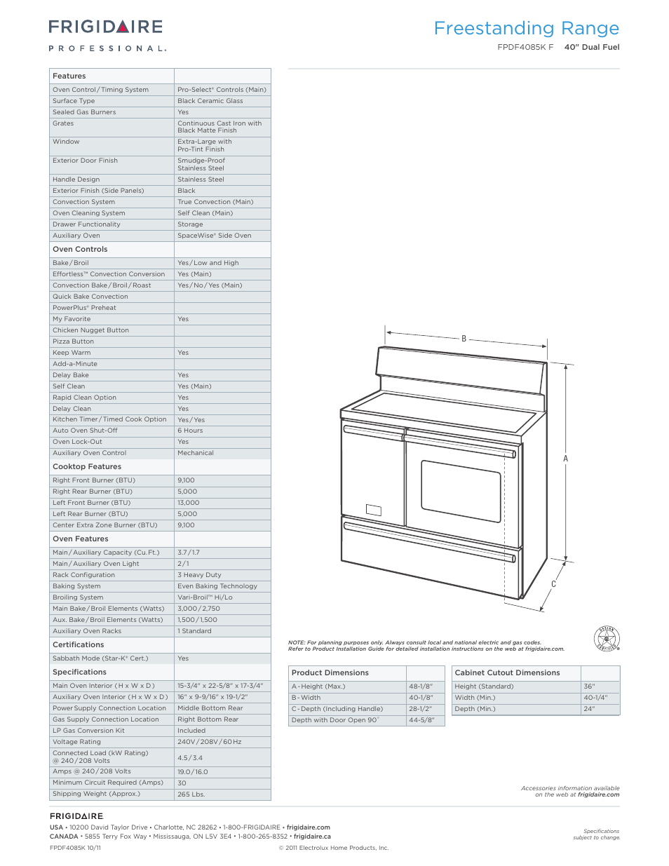 Freestanding range | FRIGIDAIRE FPDF4085KF User Manual | Page 2 / 7