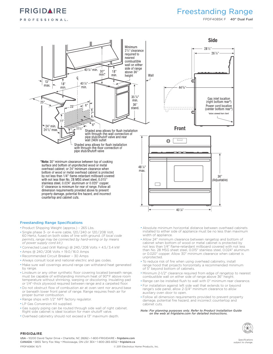 40" dual-fuel freestanding ranges professional, Freestanding range | FRIGIDAIRE FPDF4085KF User Manual | Page 3 / 7