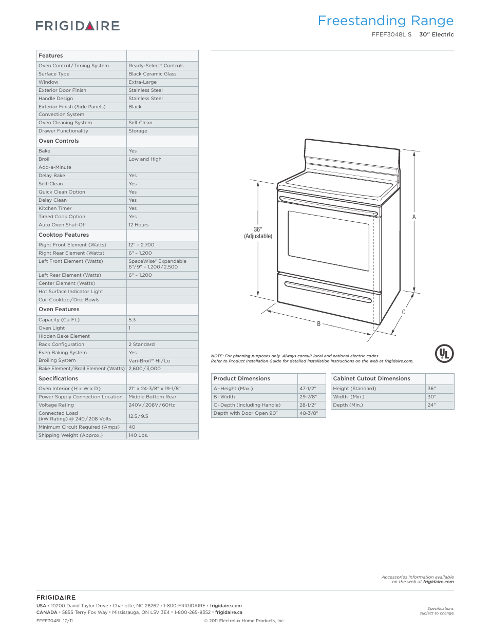 Freestanding range | FRIGIDAIRE FFEF3048LS User Manual | Page 2 / 7