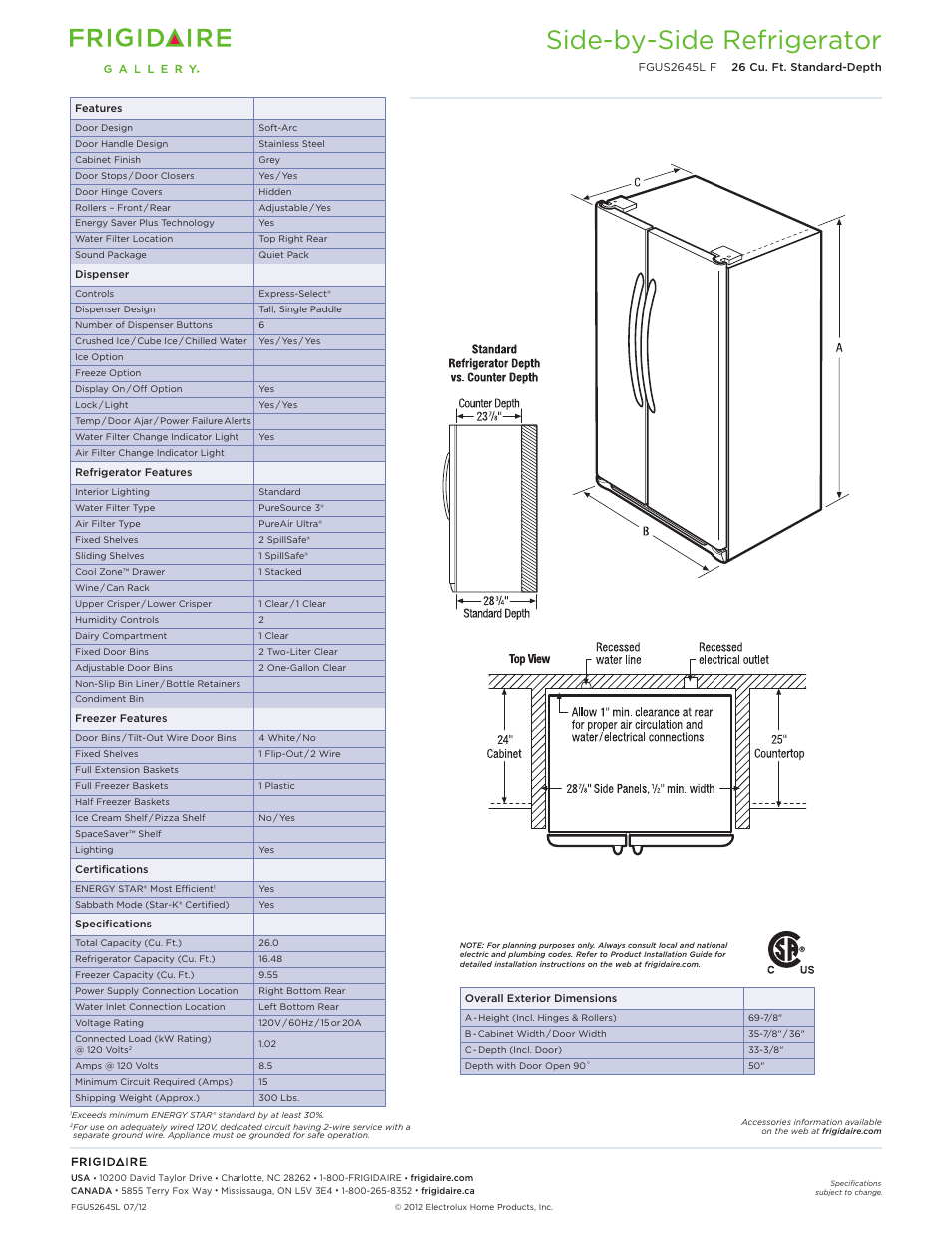 Side-by-side refrigerator | FRIGIDAIRE FGUS2645LF User Manual | Page 2 / 4