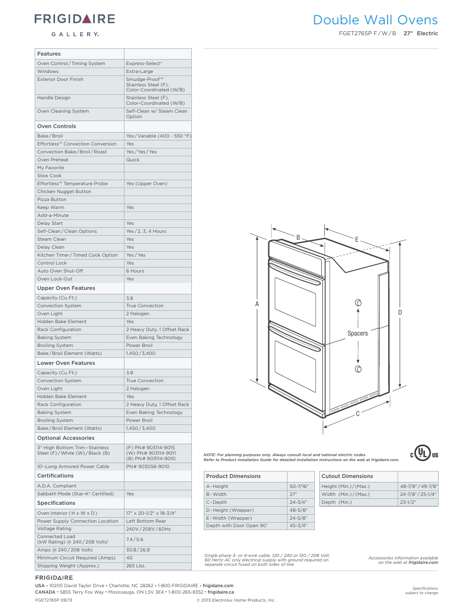 Double electric wall ovens frigidaire baseline, Double wall ovens | FRIGIDAIRE FGET2765PB User Manual | Page 2 / 7