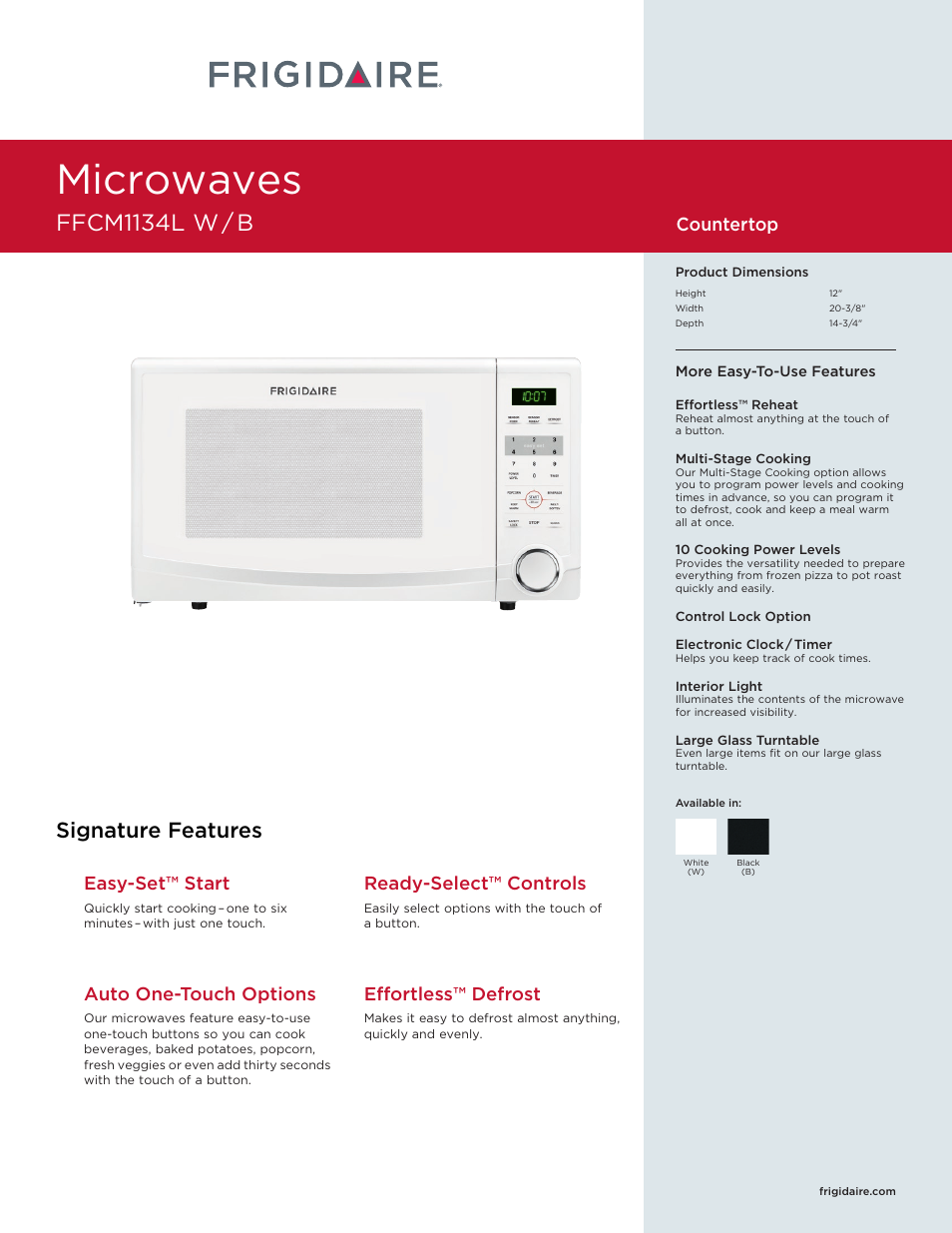 FRIGIDAIRE FFCM1134LB User Manual | 2 pages