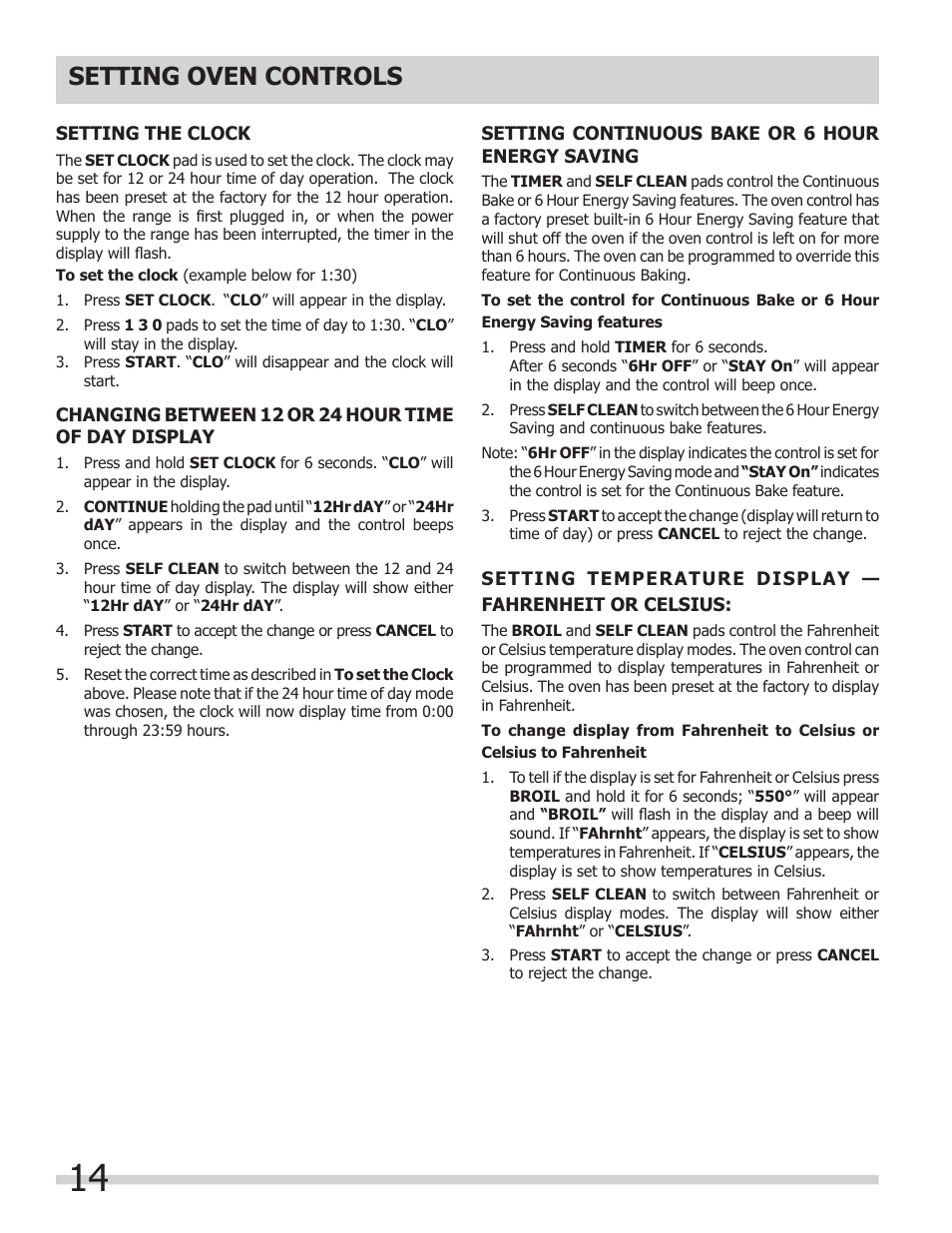 Setting oven controls | FRIGIDAIRE FGGF304DLB User Manual | Page 14 / 36