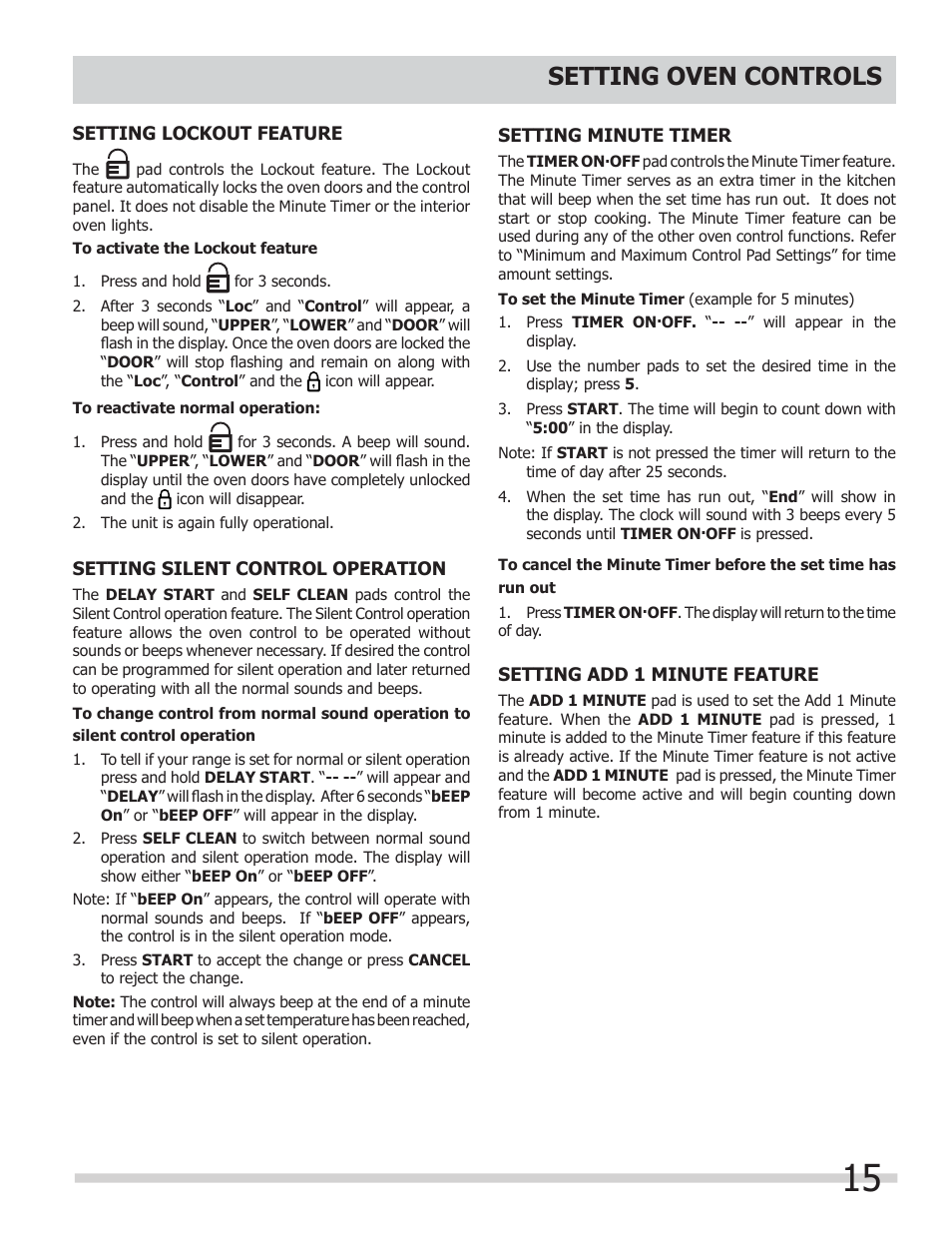 Setting oven controls | FRIGIDAIRE FGGF304DLB User Manual | Page 15 / 36