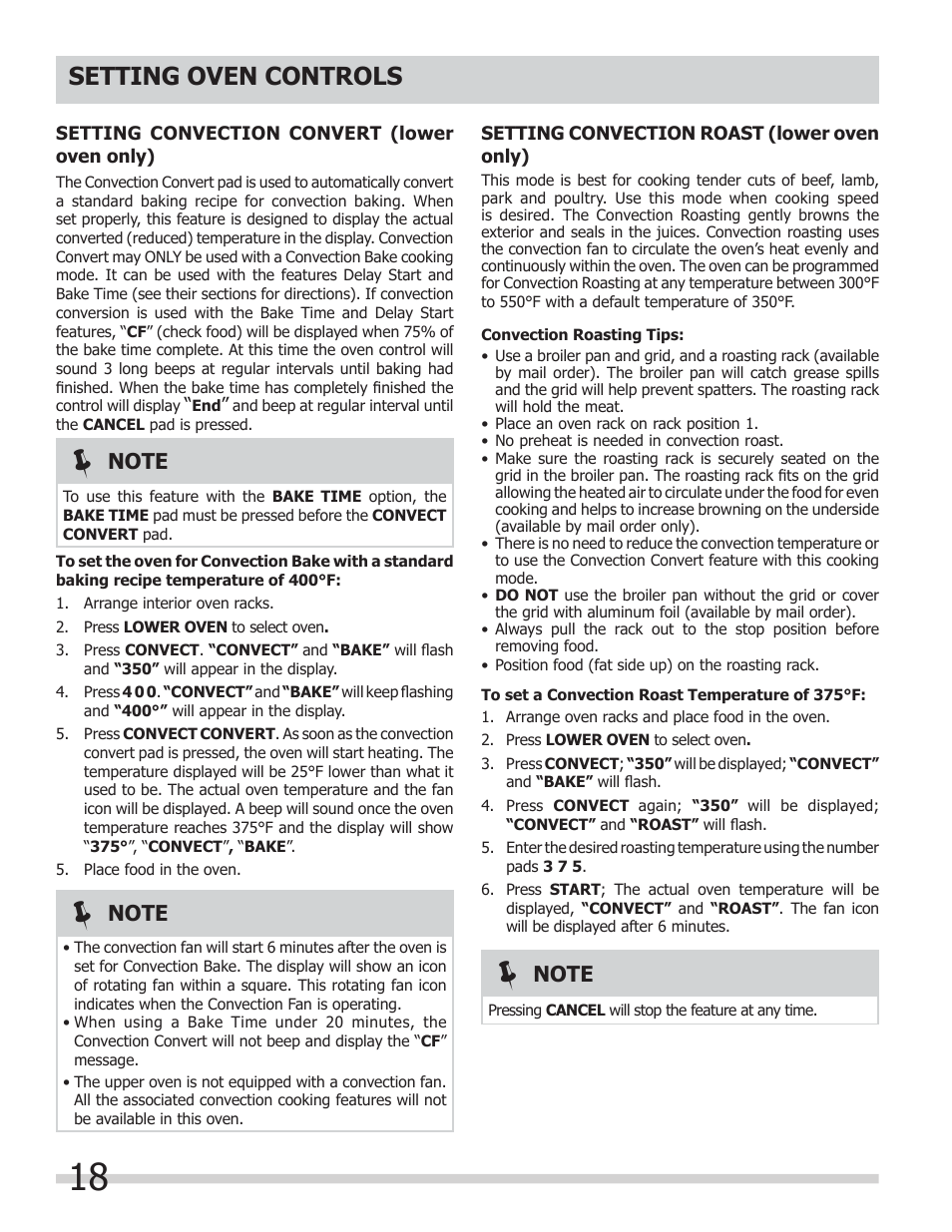 Setting oven controls | FRIGIDAIRE FGGF304DLB User Manual | Page 18 / 36