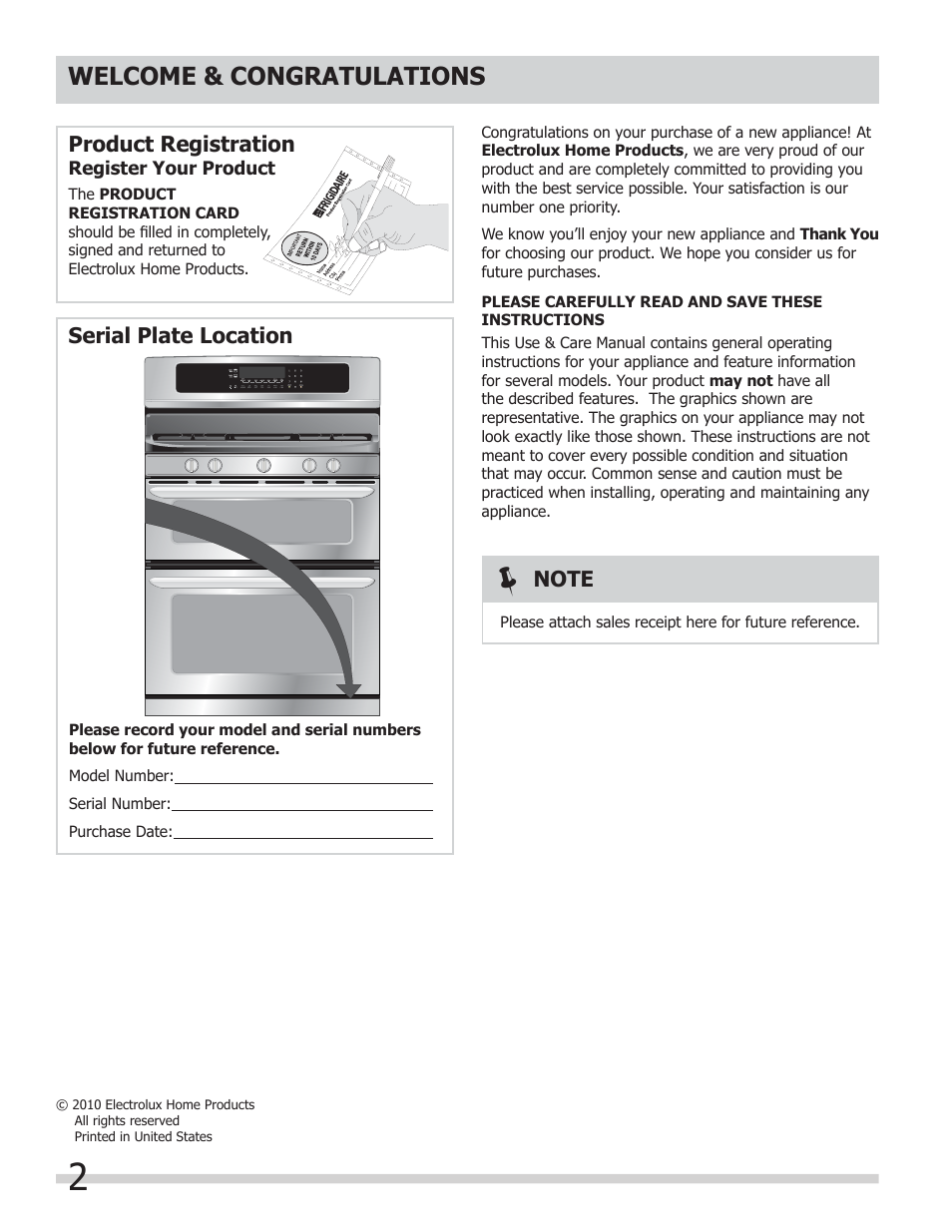 Product registration, Serial plate location | FRIGIDAIRE FGGF304DLB User Manual | Page 2 / 36