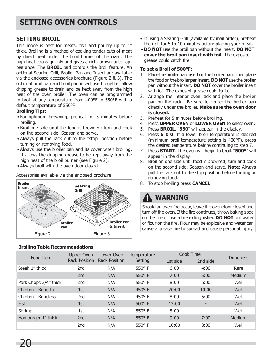 Setting oven controls, Warning | FRIGIDAIRE FGGF304DLB User Manual | Page 20 / 36