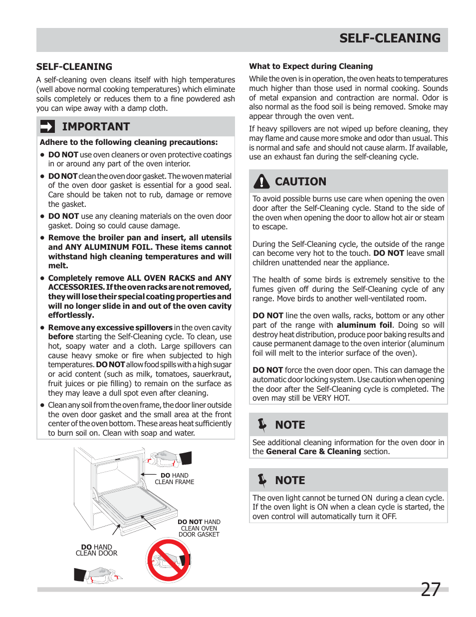 Self-cleaning, Caution, Important | FRIGIDAIRE FGGF304DLB User Manual | Page 27 / 36