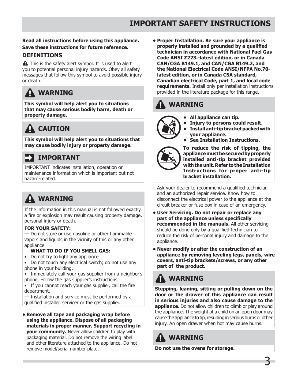 Important safety instructions, Warning, Important | Caution | FRIGIDAIRE FGGF304DLB User Manual | Page 3 / 36