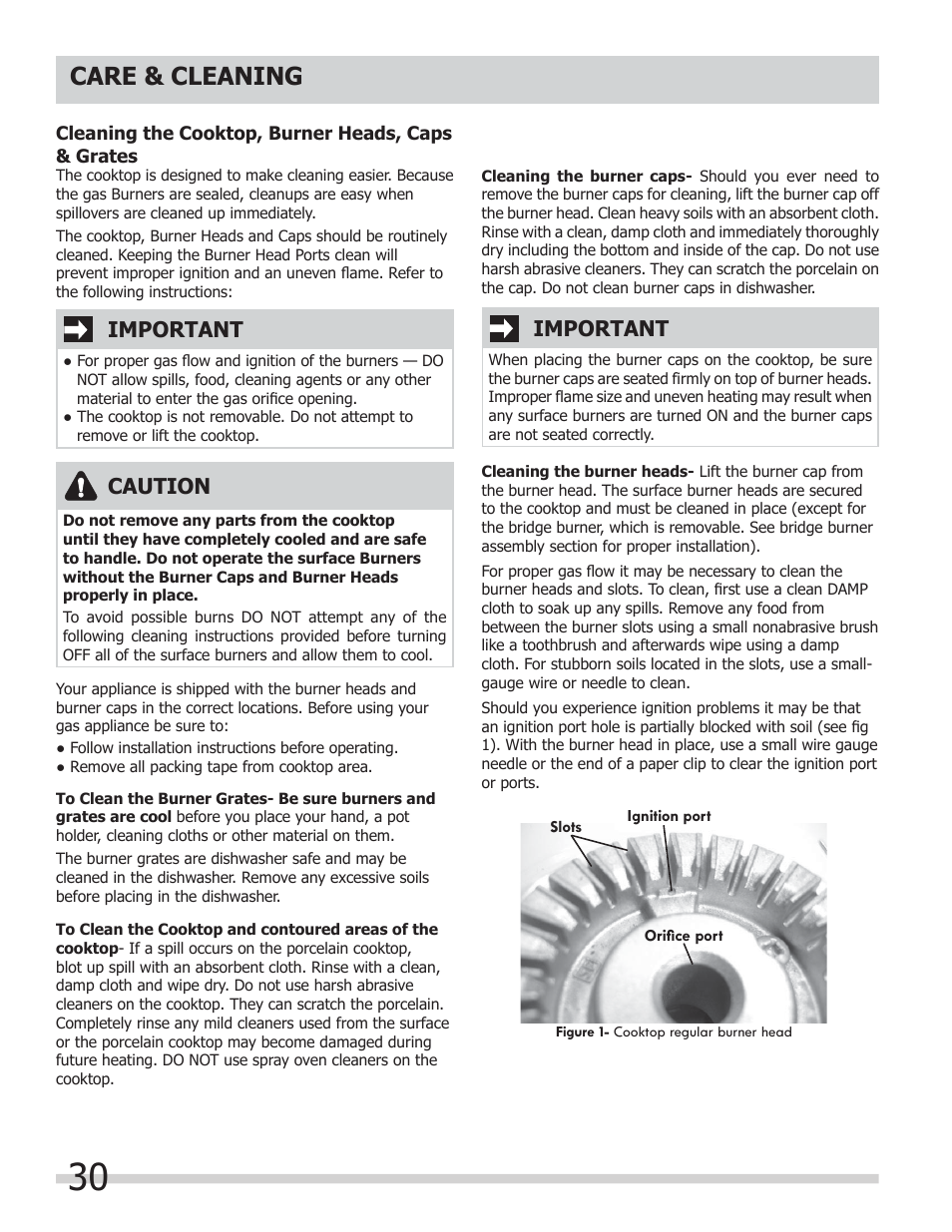 Care & cleaning, Caution, Important | FRIGIDAIRE FGGF304DLB User Manual | Page 30 / 36
