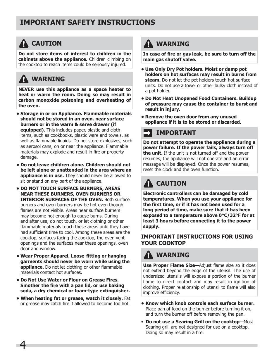 Important safety instructions, Warning, Caution | Important | FRIGIDAIRE FGGF304DLB User Manual | Page 4 / 36