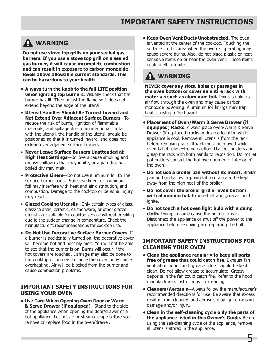 Important safety instructions, Warning | FRIGIDAIRE FGGF304DLB User Manual | Page 5 / 36