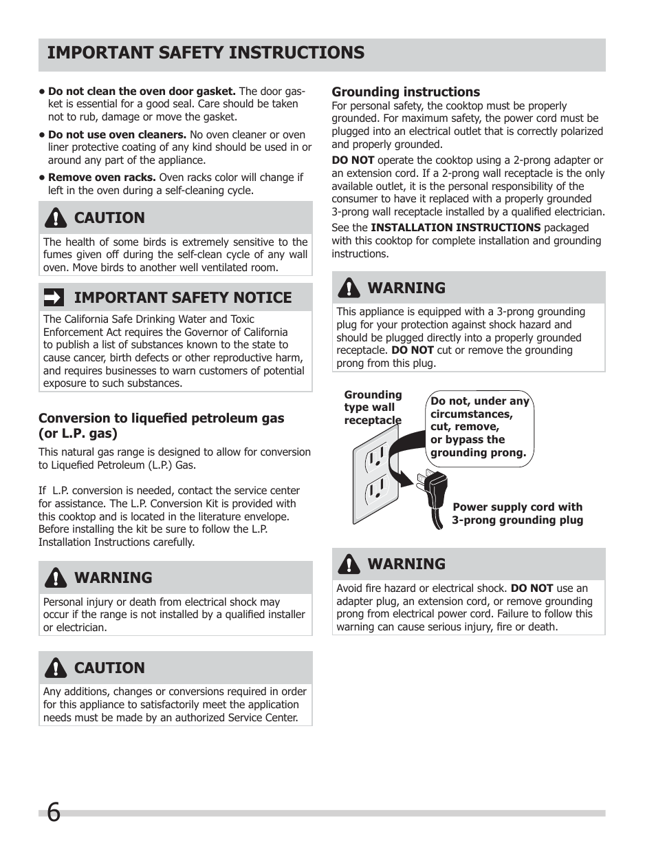 Important safety instructions, Caution, Important safety notice | Warning | FRIGIDAIRE FGGF304DLB User Manual | Page 6 / 36