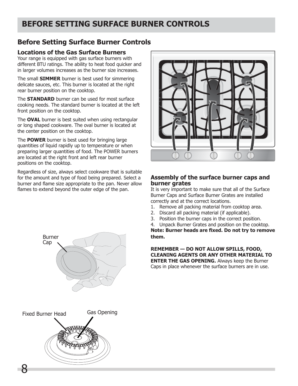 Before setting surface burner controls | FRIGIDAIRE FGGF304DLB User Manual | Page 8 / 36