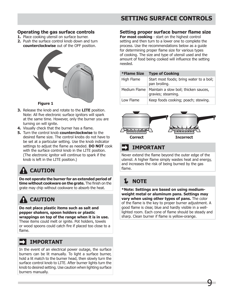 Setting surface controls, Important, Caution | FRIGIDAIRE FGGF304DLB User Manual | Page 9 / 36