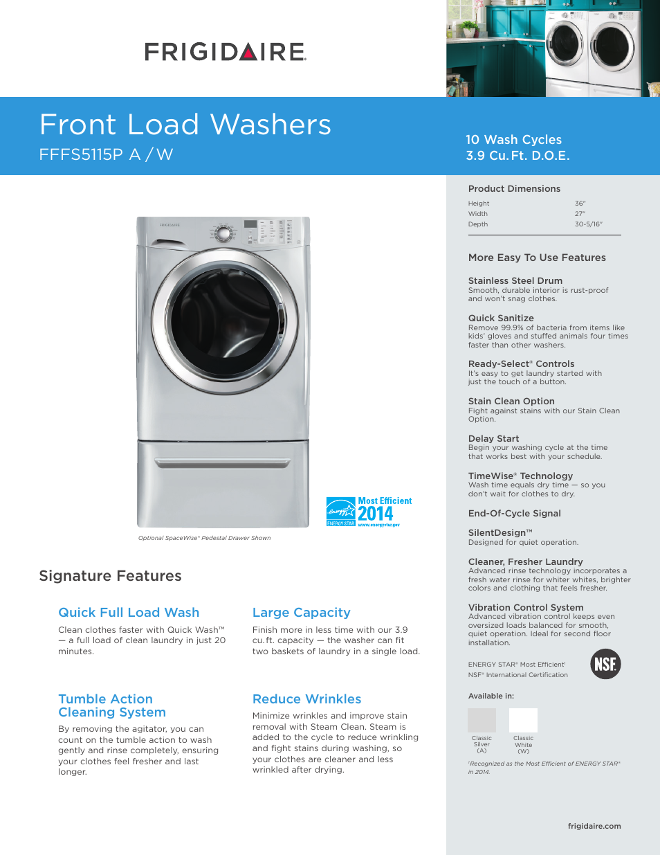 FRIGIDAIRE FFFS5115PW User Manual | 3 pages