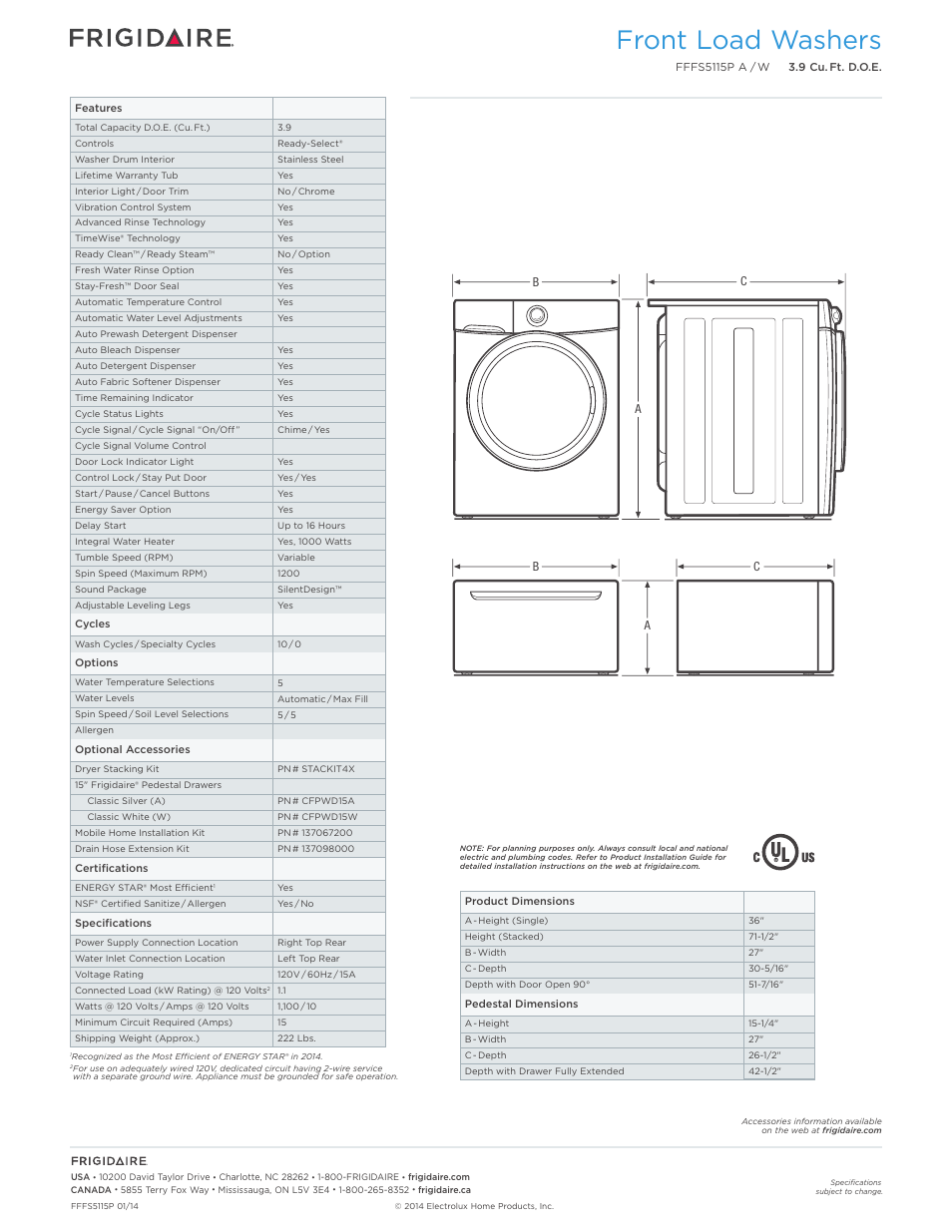 Front load washers | FRIGIDAIRE FFFS5115PW User Manual | Page 2 / 3