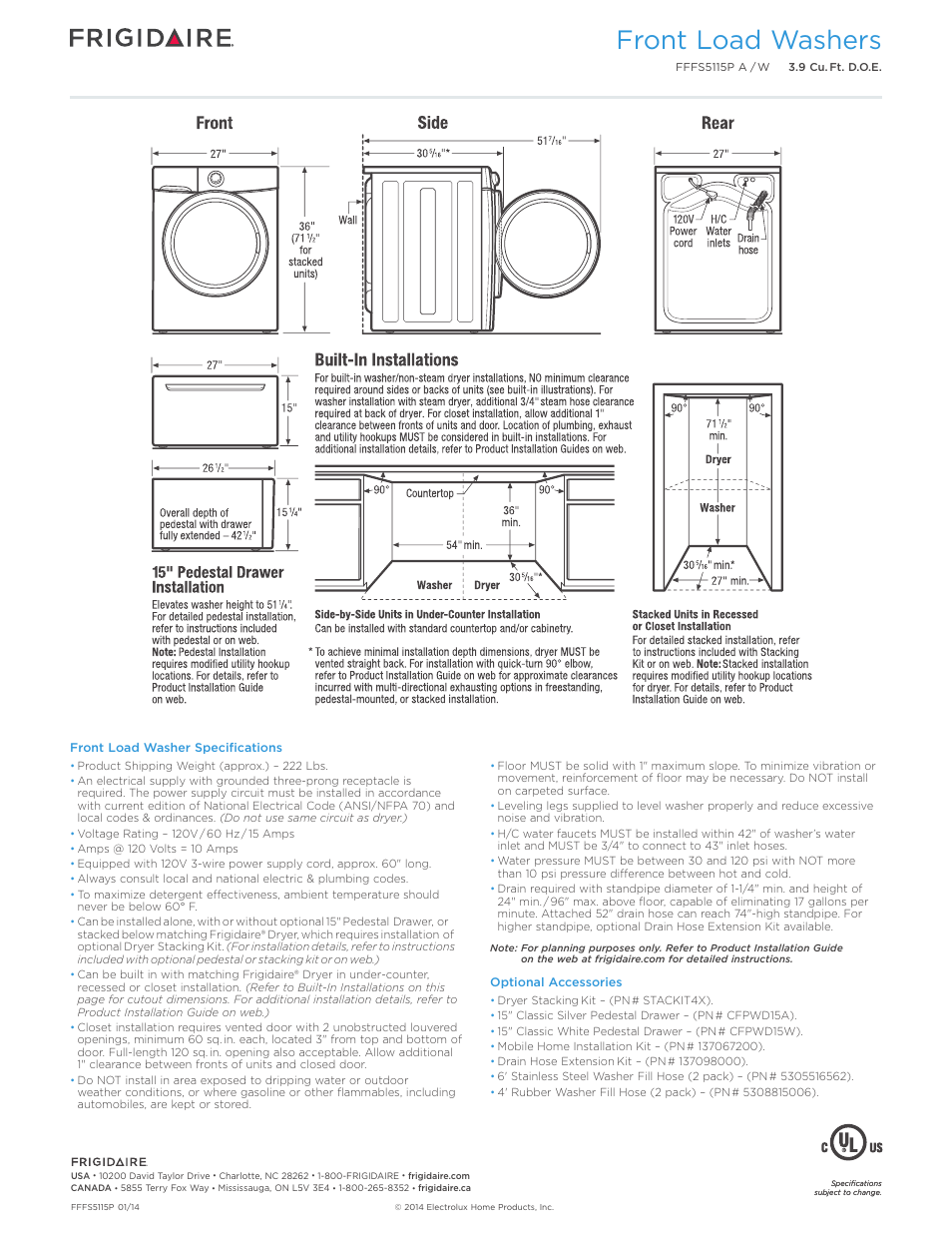 Front load washers | FRIGIDAIRE FFFS5115PW User Manual | Page 3 / 3