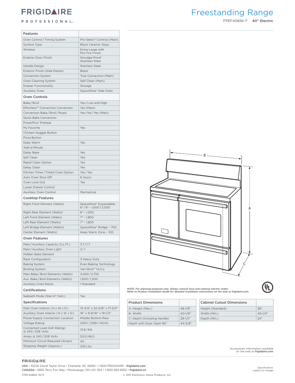 Freestanding range | FRIGIDAIRE FPEF4085KF User Manual | Page 2 / 7