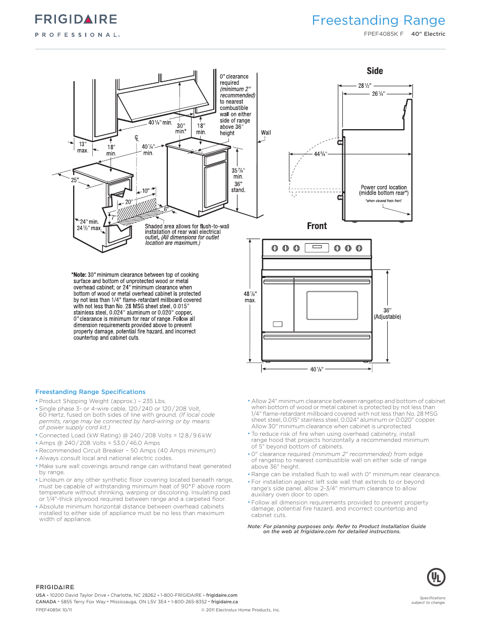 40" electric freestanding ranges professional, Freestanding range | FRIGIDAIRE FPEF4085KF User Manual | Page 3 / 7
