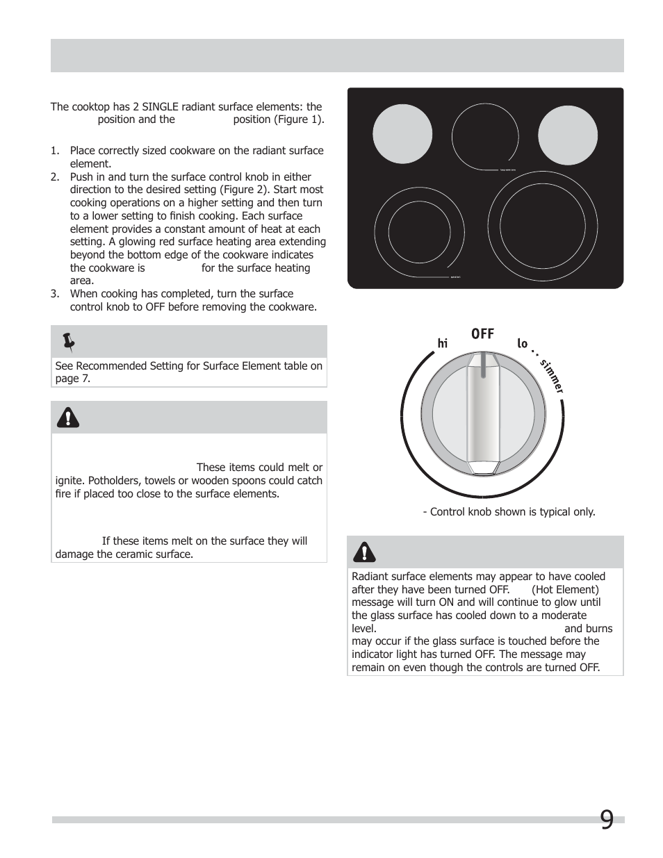 Setting surface controls, Caution | FRIGIDAIRE FGEF306TMB User Manual | Page 9 / 36