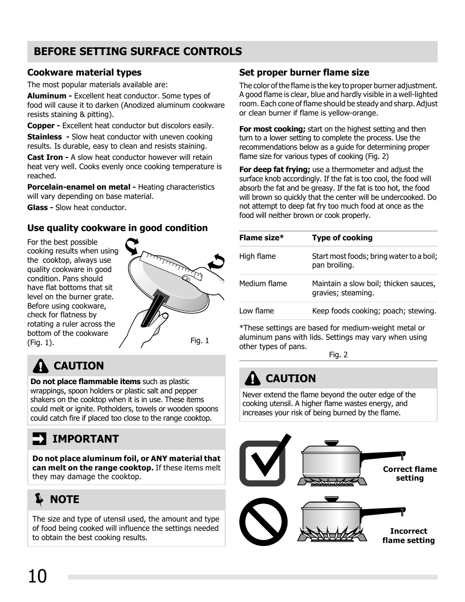 Before setting surface controls, Caution, Caution important | FRIGIDAIRE FGGF3032MB User Manual | Page 10 / 36