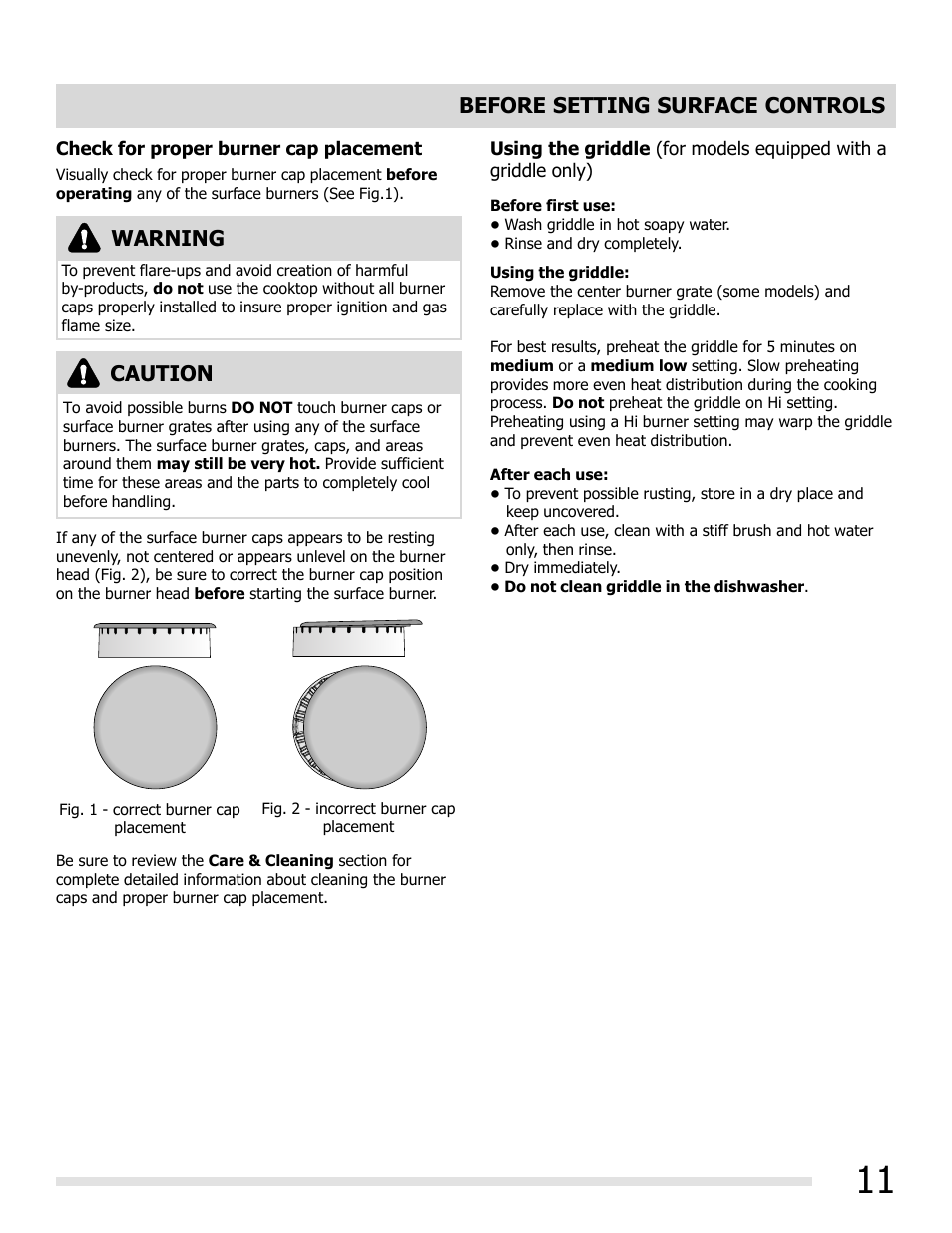 Warning caution, Before setting surface controls | FRIGIDAIRE FGGF3032MB User Manual | Page 11 / 36