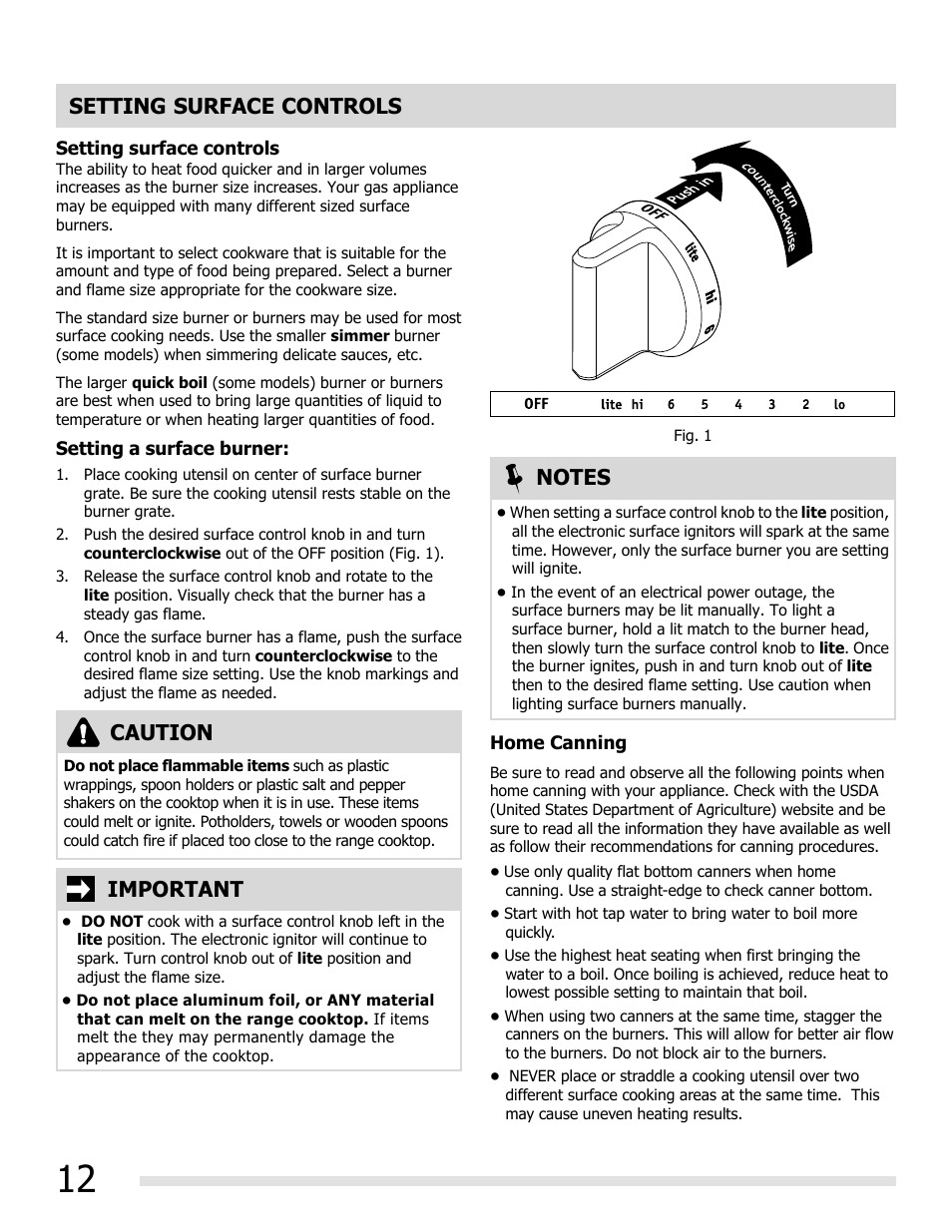 Setting surface controls, Important, Caution | FRIGIDAIRE FGGF3032MB User Manual | Page 12 / 36