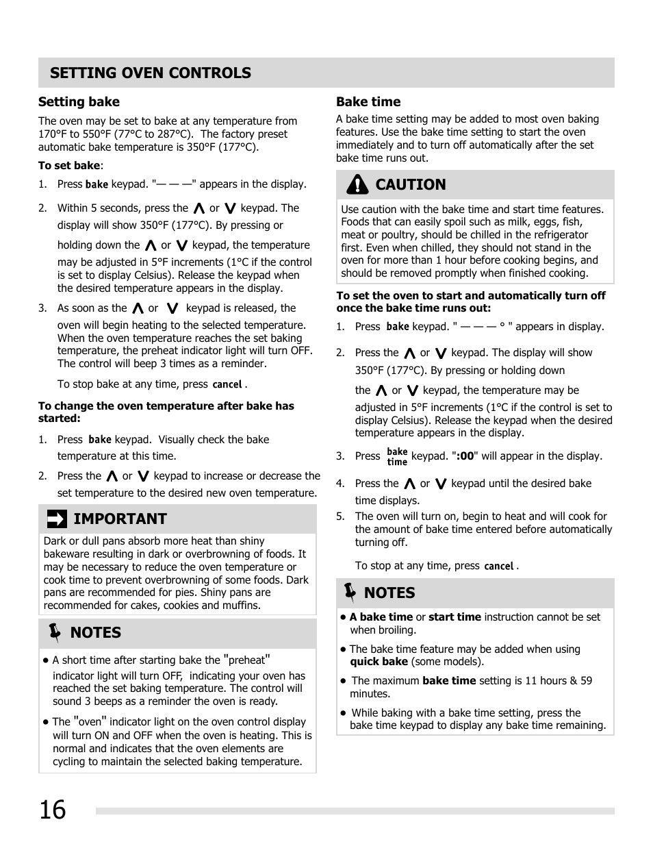 Setting oven controls, Important, Caution | FRIGIDAIRE FGGF3032MB User Manual | Page 16 / 36